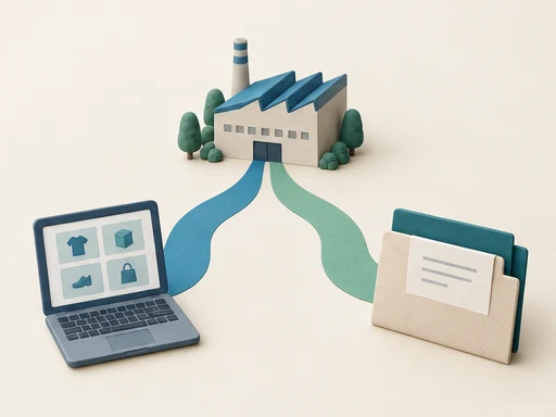 Conceptual illustration of a marketplace screen and a direct correspondence route leading toward a factory.