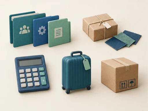 Conceptual illustration of modular service folders, a calculator, sample parcel and separate travel and shipping objects.