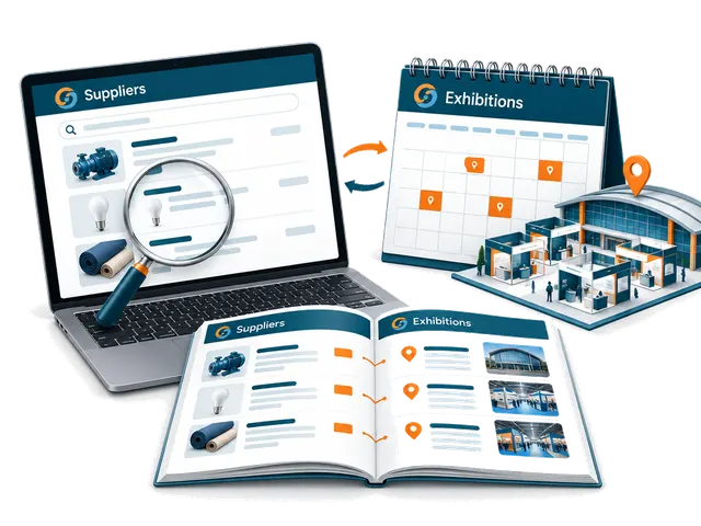Supplier directory search beside an exhibition calendar, venue and exhibitor catalogue.