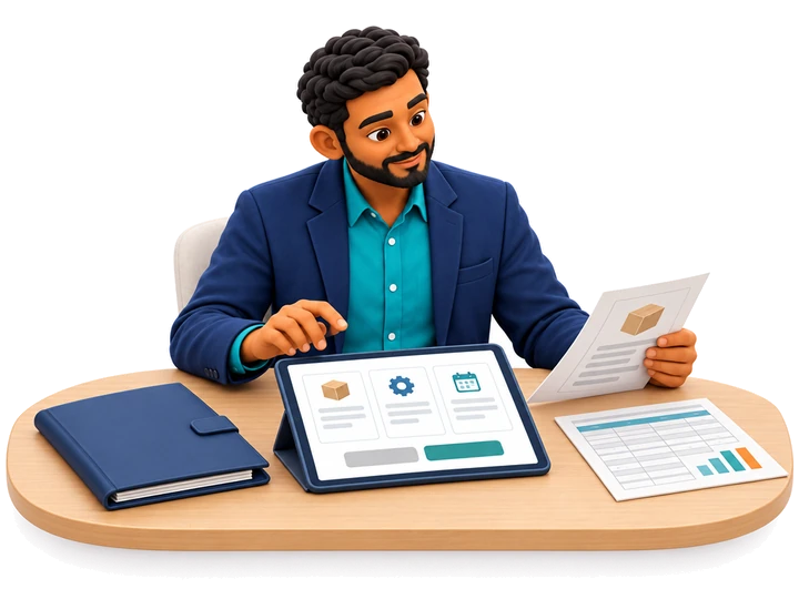 A fictional buyer reviews the scope and costs before choosing a commitment.