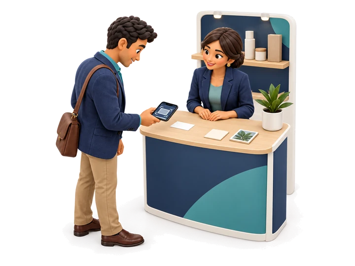 A fictional buyer photographs one side of a supplier card at a fair booth.