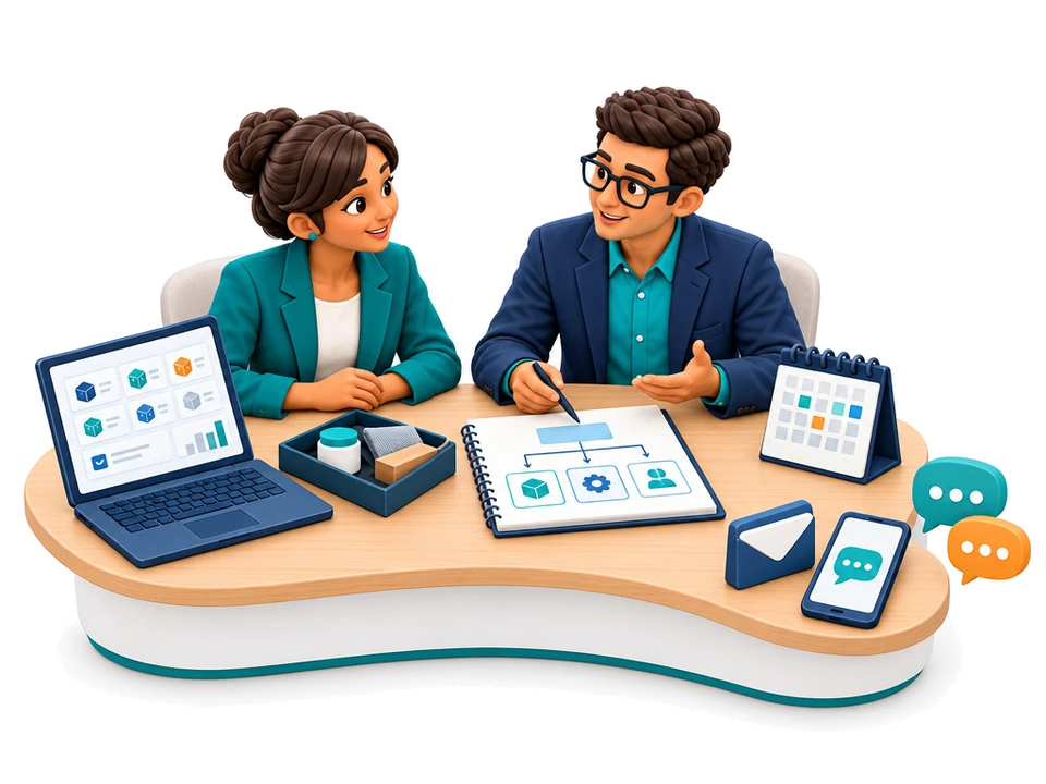 Fictional business partners discuss a custom brief alongside email and messaging tools.