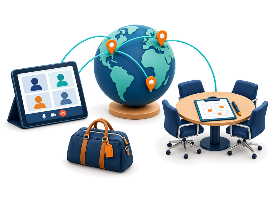 A globe connects remote discussions, meeting preparation and travel arrangements.