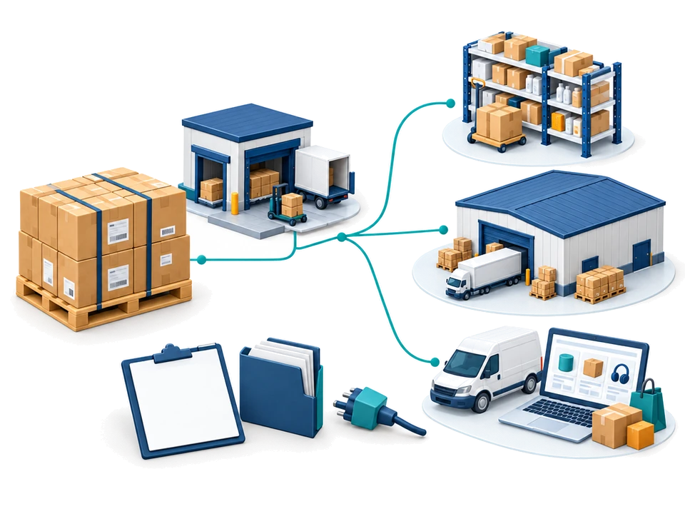 A shipment plan compares marketplace receiving, independent warehouses and local delivery.