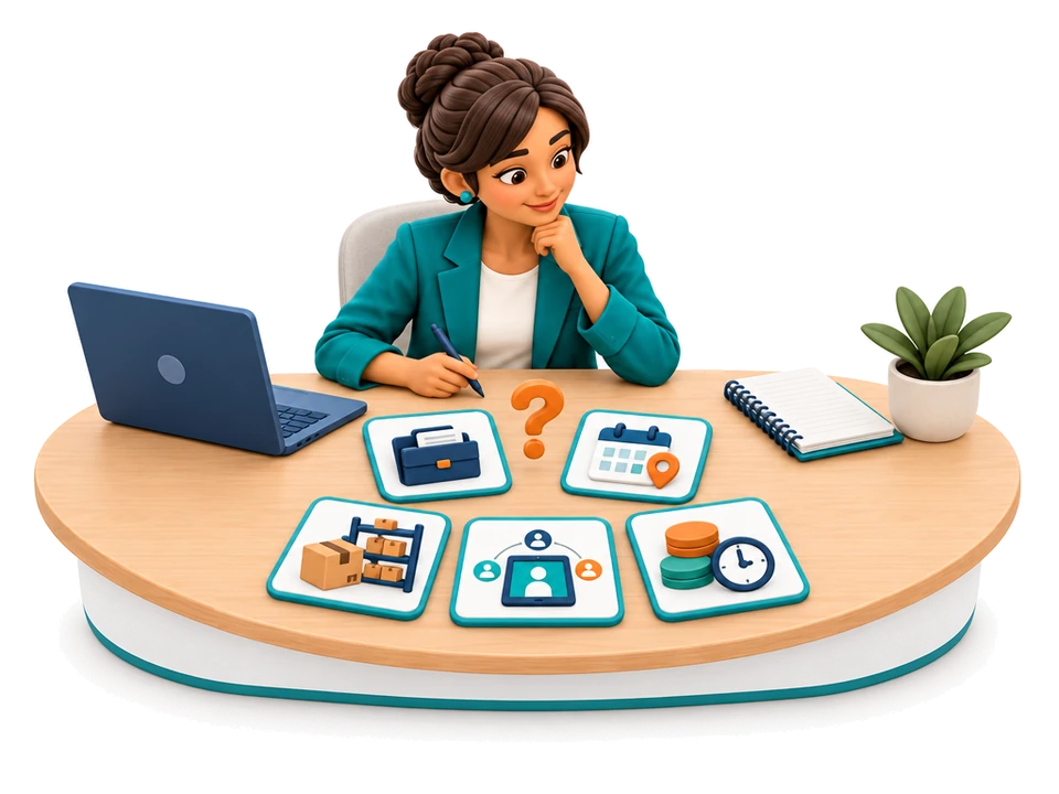 A fictional buyer considers questions about scope, meetings, fulfilment, records, costs and timing.