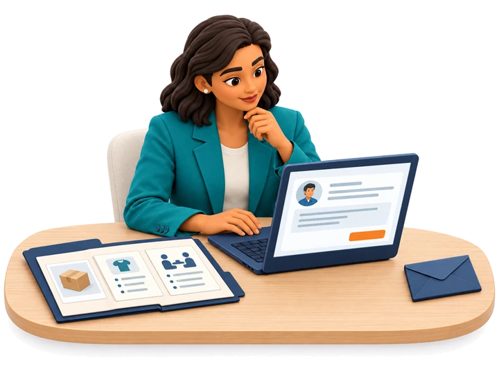 A fictional buyer reviews an unsent supplier follow-up with saved product and meeting context.