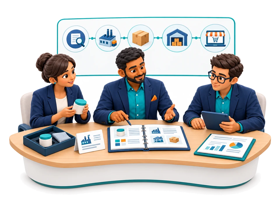 Illustrated sourcing team connects research, supplier preparation, samples, fulfilment and market launch.