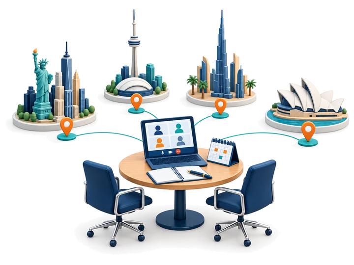 Symbolic US, Canadian, UAE and Australian landmarks surround a planned specialist meeting.