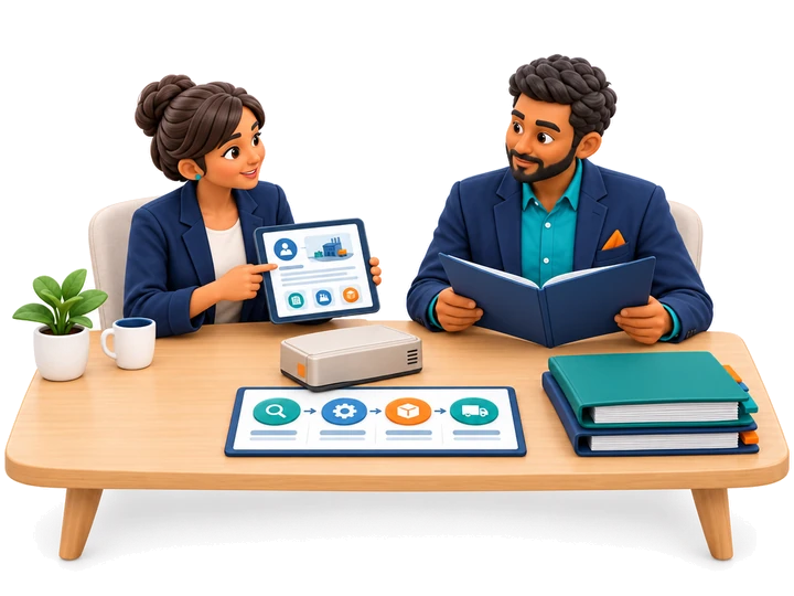 A fictional buyer discusses a product brief and milestones with a project coordinator.