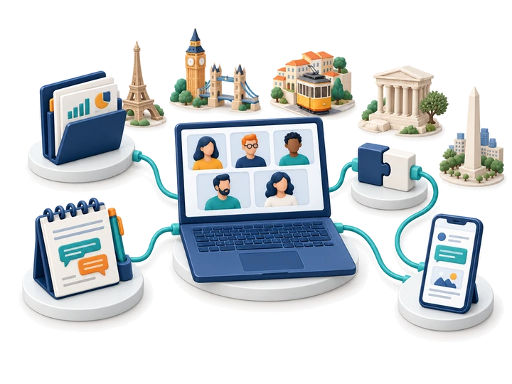 Remote collaboration tools and symbolic landmarks illustrate specialist country bases.