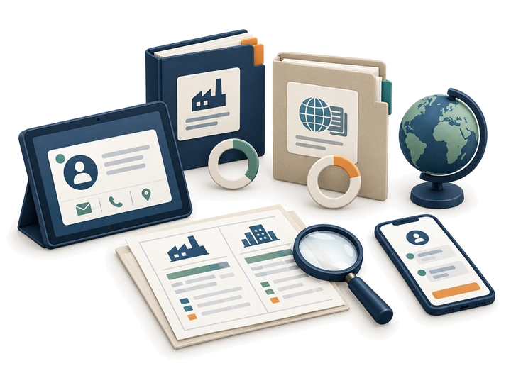 A saved supplier contact connects with company and destination-market research materials.