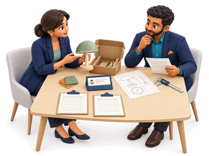 Fictional buyer and supplier discuss specifications, quotations and a product sample.