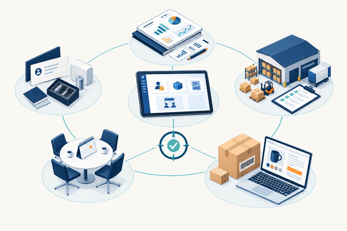 Illustrated supplier research, a shared business workspace, meeting preparation, warehouse receiving and ecommerce fulfilment connected around a project plan