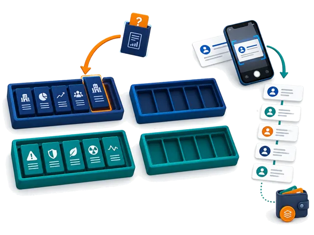 Conceptual illustration: Separate five-Company and five-Risk lifetime report trays show a failed run returning its allowance, while a separate card-capture path continues after report allowances are used.