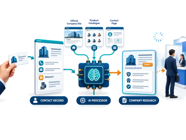 Conceptual illustration: A scanned card becomes a supplier contact; an AI processor gathers public company, product and contact sources while the buyer continues meeting suppliers.