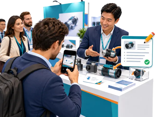 Conceptual illustration: A buyer photographs one supplier card at a product-display counter, with an editable note for the booth, meeting or product discussed.