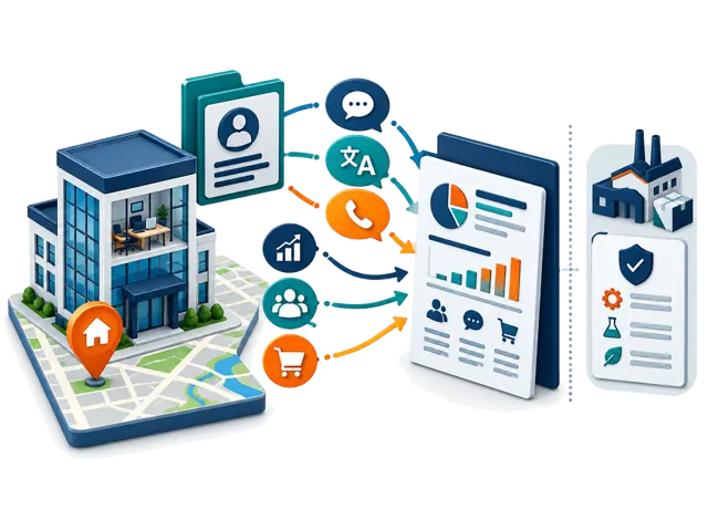 Conceptual illustration: A buyer business office and home-base map pin connect trade and communication context to a tailored research brief. This is distinct from the product's selling destination.