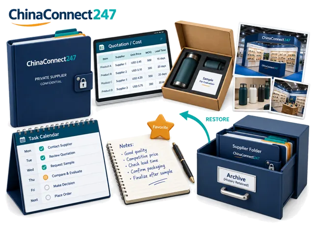Conceptual illustration: A private supplier folder retains quotations, cost sheets, samples, photos, tasks and notes, with favorite and archive/restore actions that preserve history.