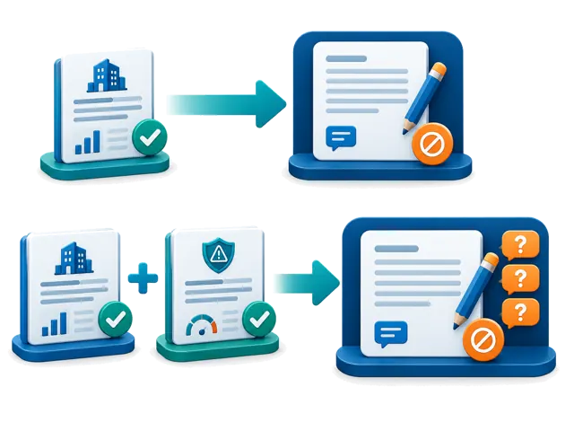 Conceptual illustration: Two lanes distinguish a First meeting draft supported by Company Research from a Ready to proceed draft supported by both Company and Risk reports. Both outputs remain editable drafts.