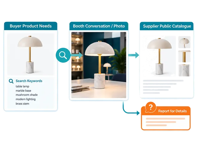 Conceptual illustration: The same lamp appears in buyer needs, a booth photo and a supplier catalogue, linking useful search language and the discussed item to questions for research.