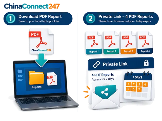 Conceptual illustration: A local PDF download is separate from a four-PDF private action pack shared through a link with seven-day access. Local download does not use an email delivery.