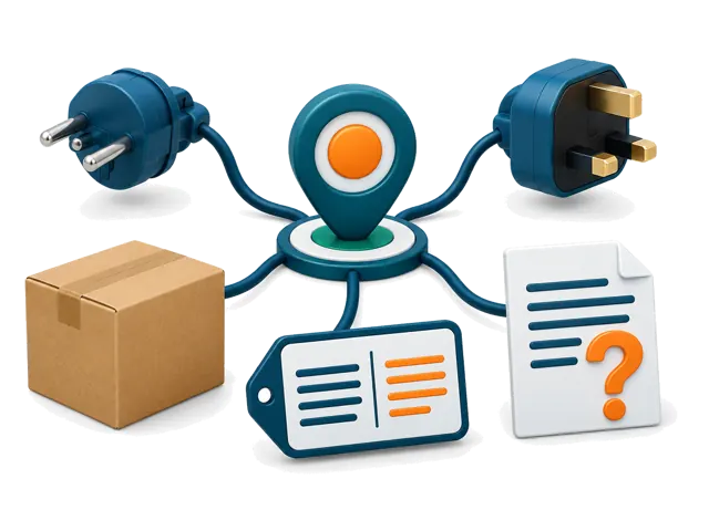 Conceptual illustration: Different plug types, labels, packaging and import documents surround a destination pin and open question dossier, showing market-specific requirements to investigate.