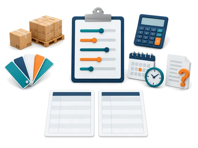 Conceptual illustration: Order cartons and pallets, budget calculator, customization swatches, lead-time calendar and quality-document questions surround buyer requirements and two neutral quotes.