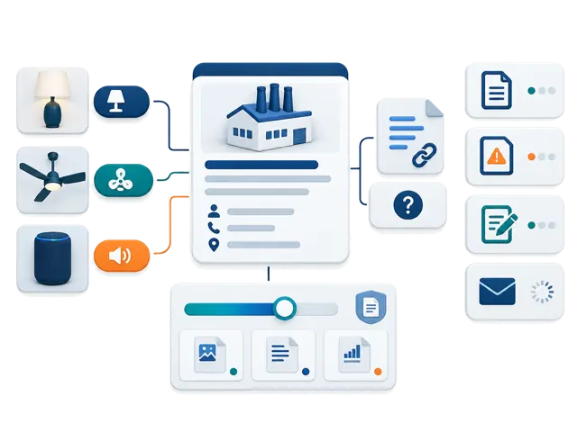 Conceptual illustration: A generic supplier contact links product categories, a classification-confidence indicator, source evidence and separate Company, Risk, follow-up draft and email states. No real supplier data is depicted.