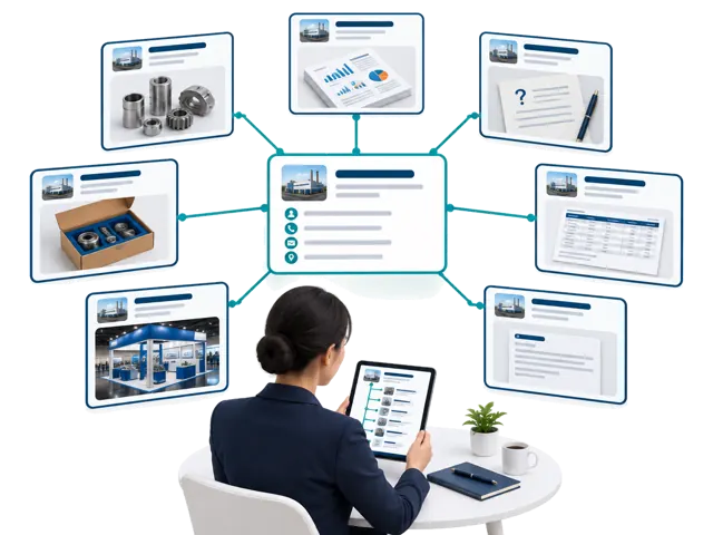 Conceptual illustration: One supplier record connects products, reports, questions, quotations, samples, booth photos and follow-up drafts for later review.